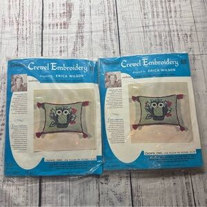 VTG 60S HIAWATHA CREWEL EMBROIDERY KIT OWL PILLOW PICTURE ERICA WILSON LOT OF 2